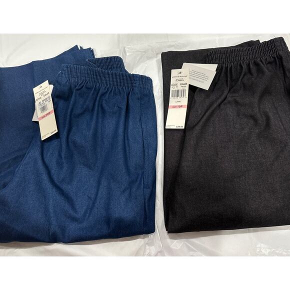 NWT Alfred Dunner CAPRI: 2 Pair, Black & Denim Blue, Cotton, Sz 10 Petite, L 18” - Picture 1 of 11